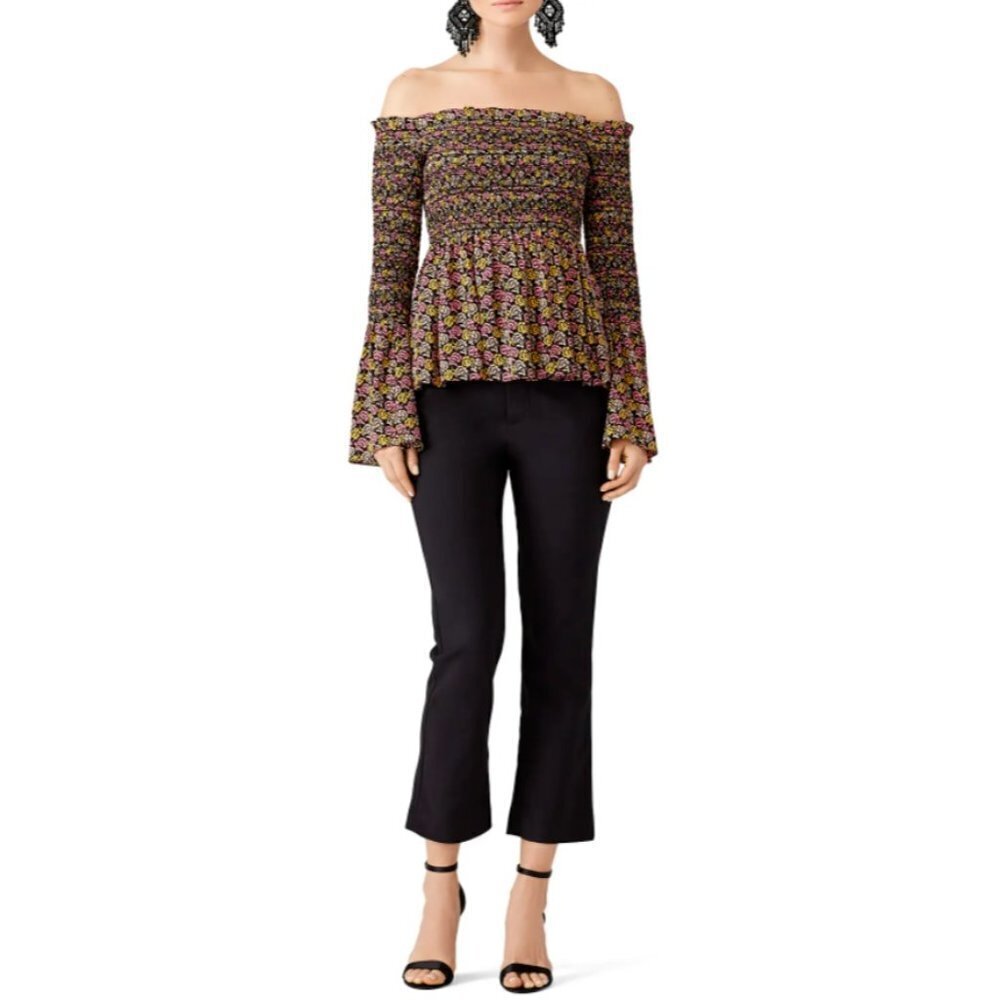 A.L.C. Floral Print Silk AGRA Smocked Off-Shoulder Top Size 0